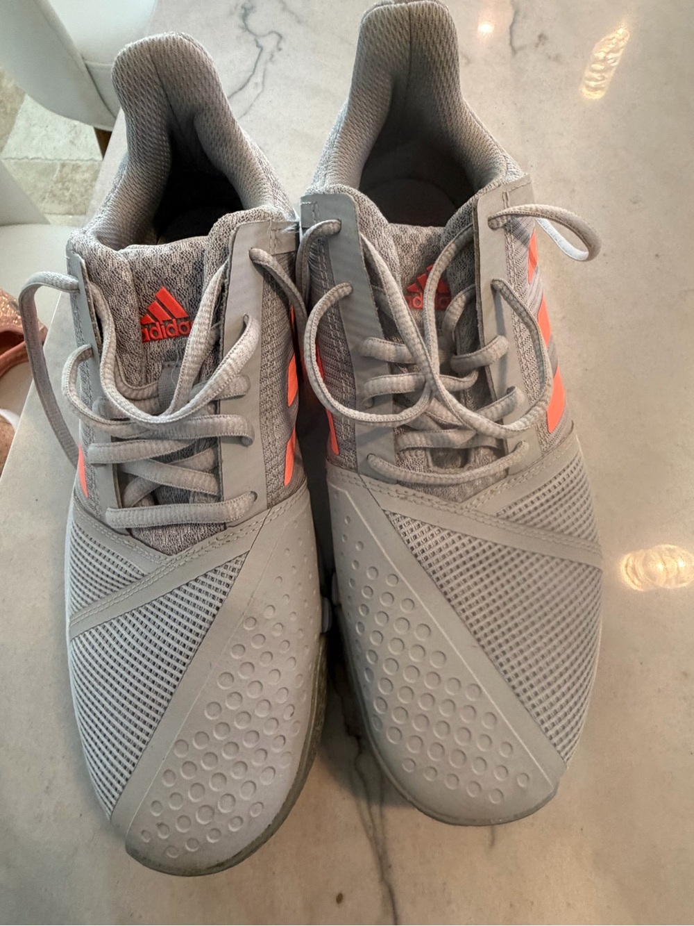 Adidas Gray Athletic Sneakers with Coral Stripes